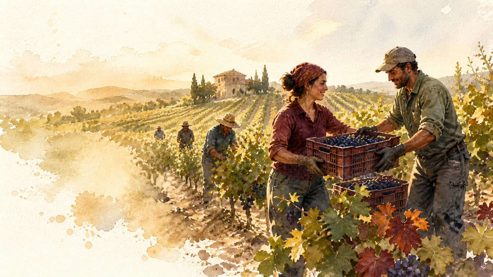 Ilustración en acuarela de un equipo trasladando cajas de uva durante la vendimia