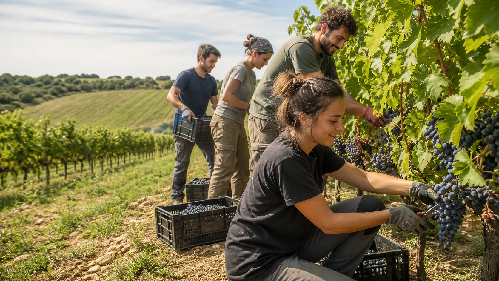 Equipo recogiendo uva durante la vendimia en un viñedo español