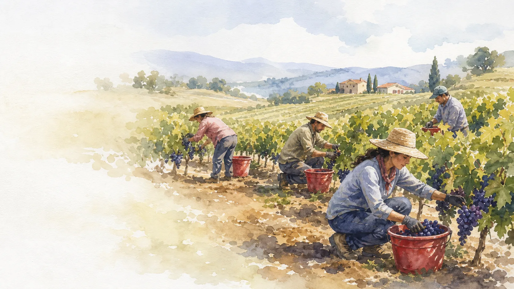 Ilustración en acuarela de trabajadores recogiendo uva durante la vendimia en un viñedo